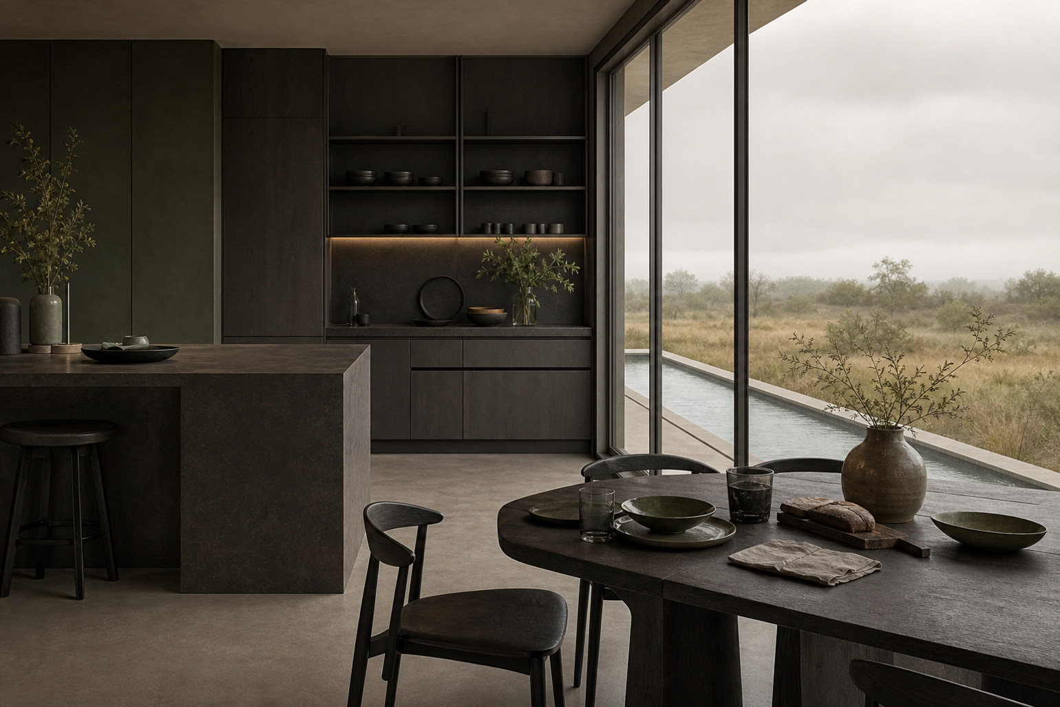Kitchen dining context with dark cabinet fronts, warm table setting, and calm hosting atmosphere.