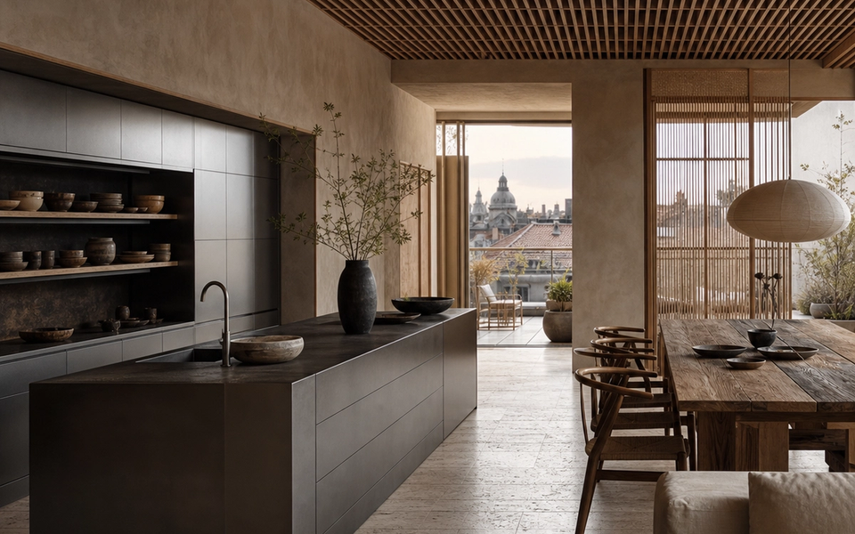 Fadior Budapest 125 sqm Kitchen Penthouse — Budapest penthouse kitchen with island, cabinet wall, wood lattice, travertine counter, plaster wall, and rooftop window — 304 stainless steel cabinetry installation by Fadior