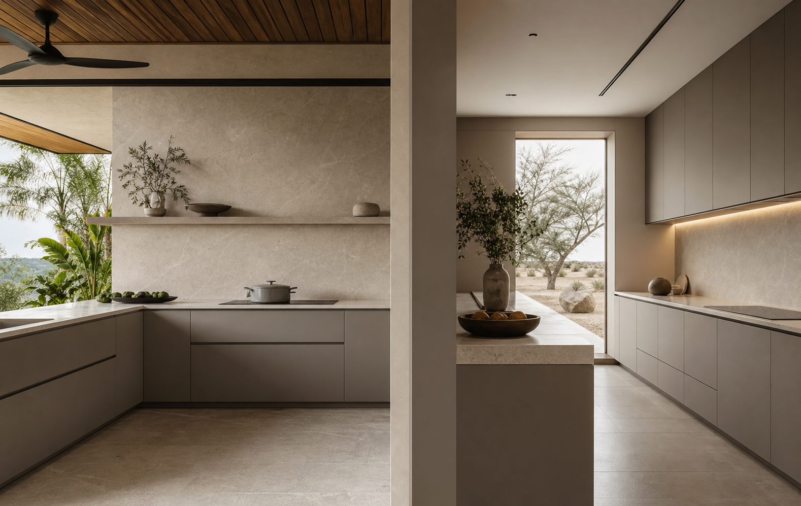 Italian kitchen planning scene comparing a built-in appliance wall with island and dining flow.