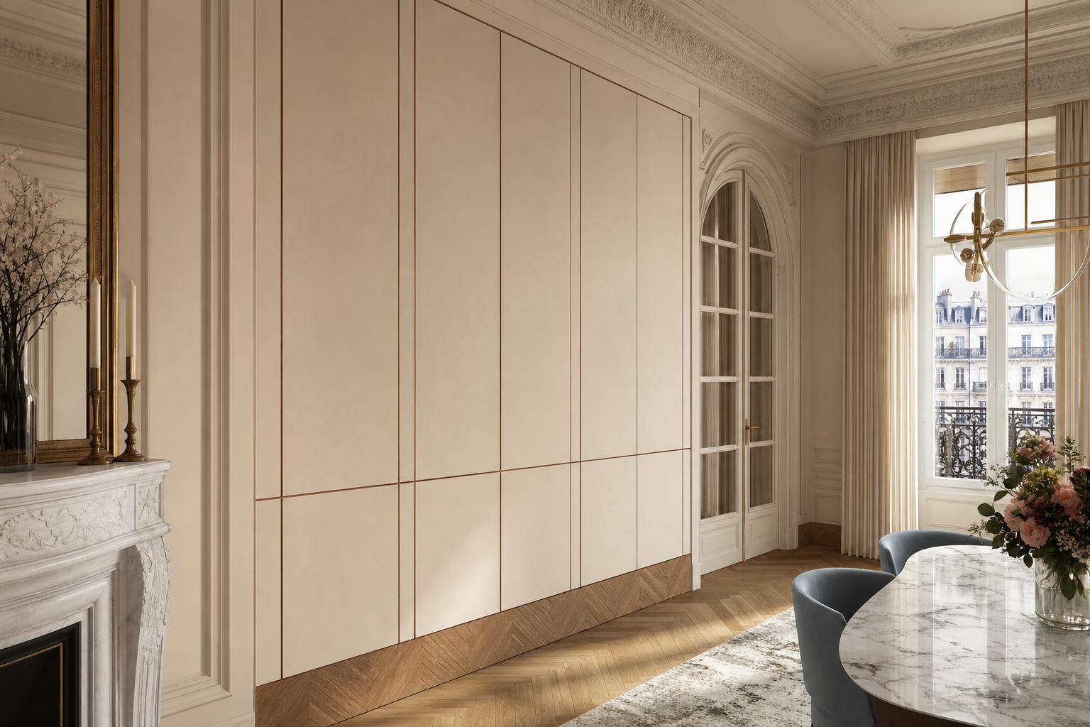 Fadior Terrazzo Wall Panel Suite with Clay Reveal Passage Wall — interior room context showing cabinet integration