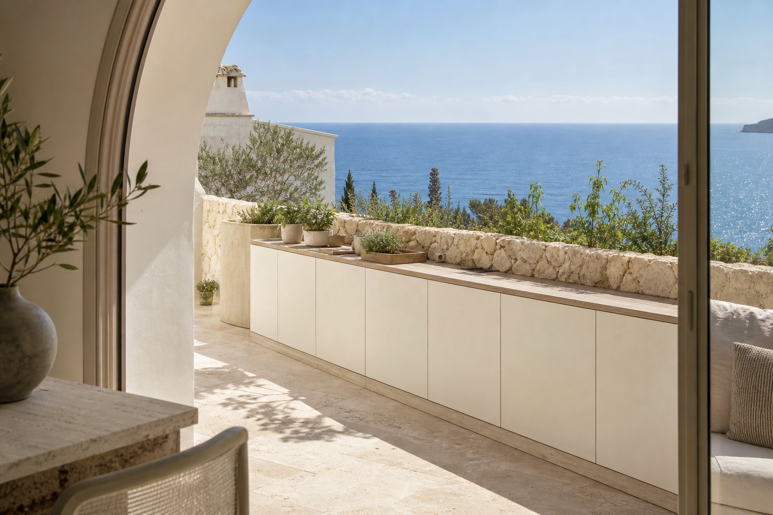 Fadior Aurora Balcony Suite with Rainline Planting Bench — interior room context showing cabinet integration