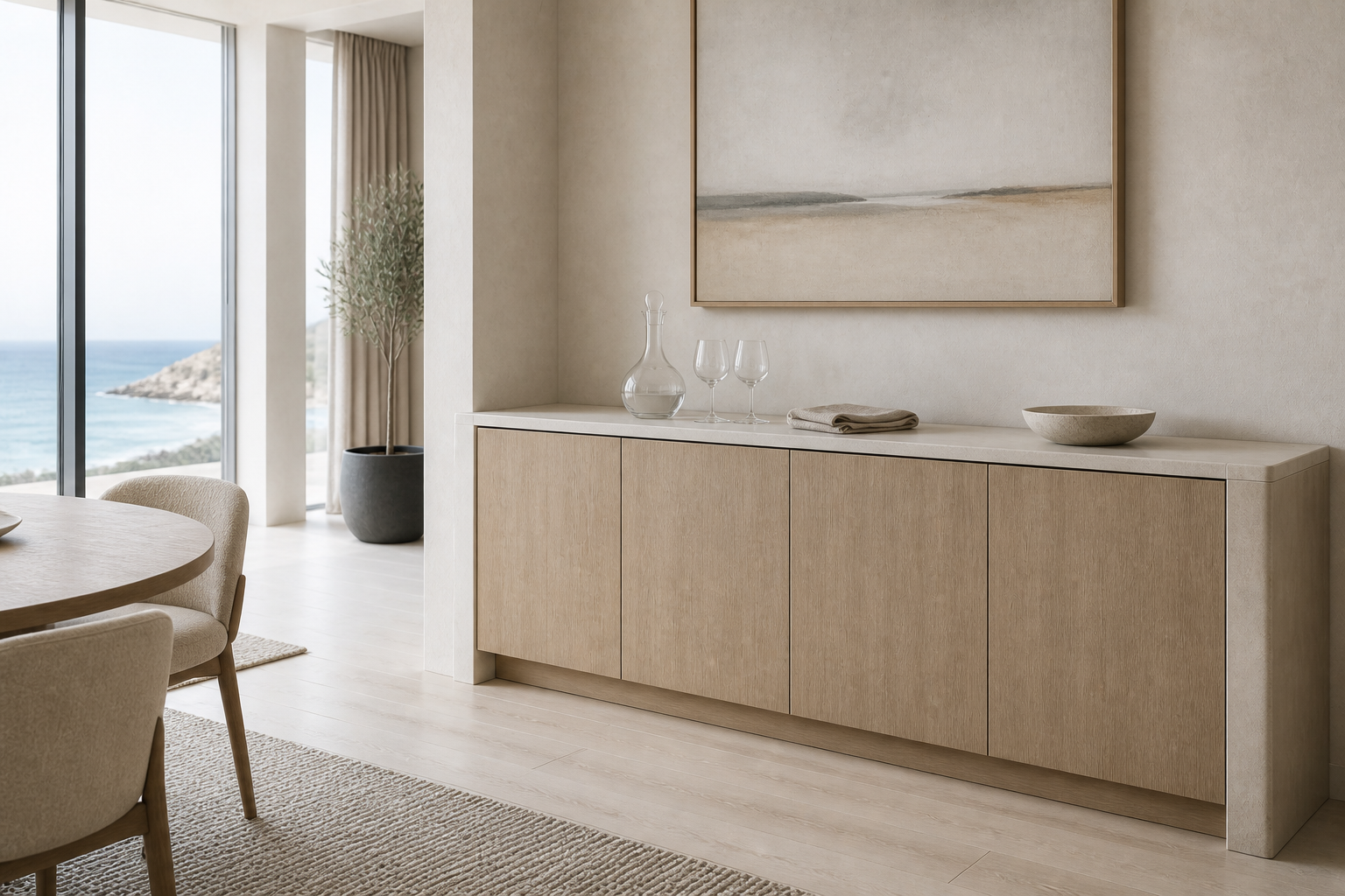 Fadior Cru Wine Cabinet Suite with Silver Patina Pairing Console — interior room context showing cabinet integration