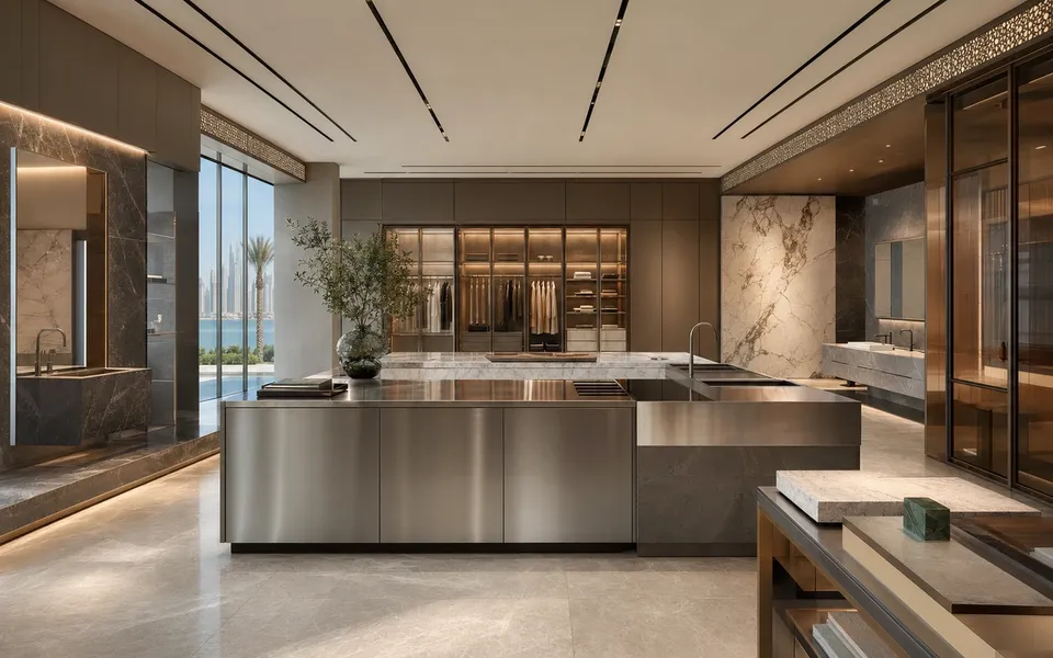 Fadior Dubai Design Gallery Showroom — stainless island, marble floor, glass window, bronze wall — 304 stainless steel cabinetry installation by Fadior