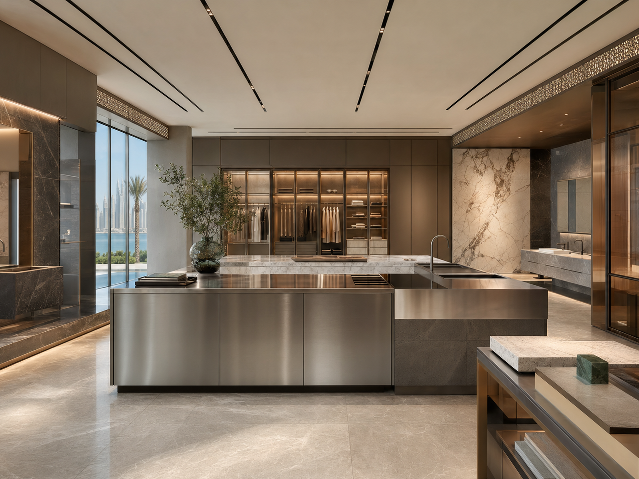 Fadior Dubai Design Gallery Showroom — stainless island, marble floor, glass window, bronze wall — 304 stainless steel cabinetry installation by Fadior