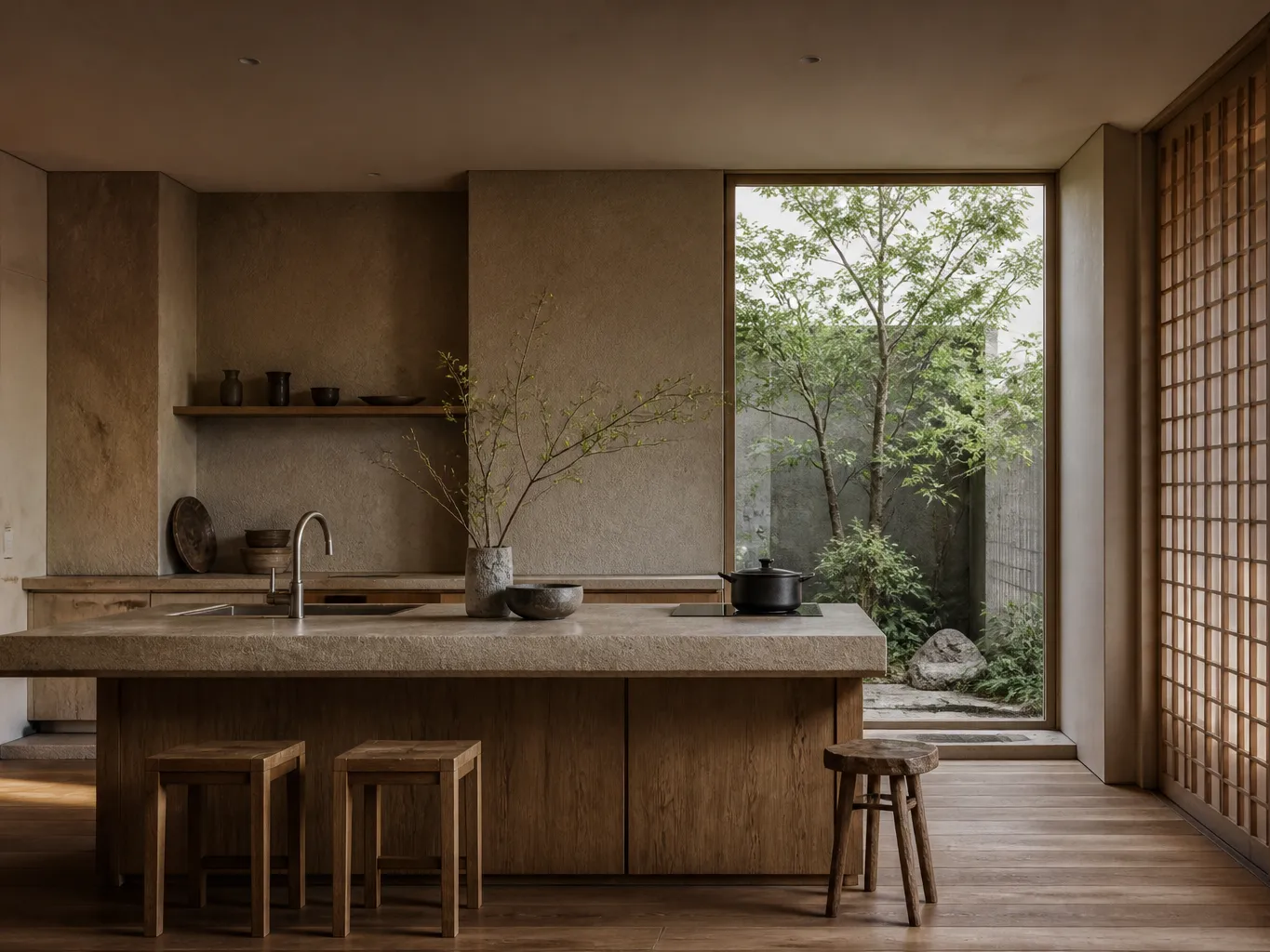 Fadior Taipei 280 sqm Kitchen Villa — Taipei villa kitchen with island, wood lattice, courtyard window, cypress cabinetry,