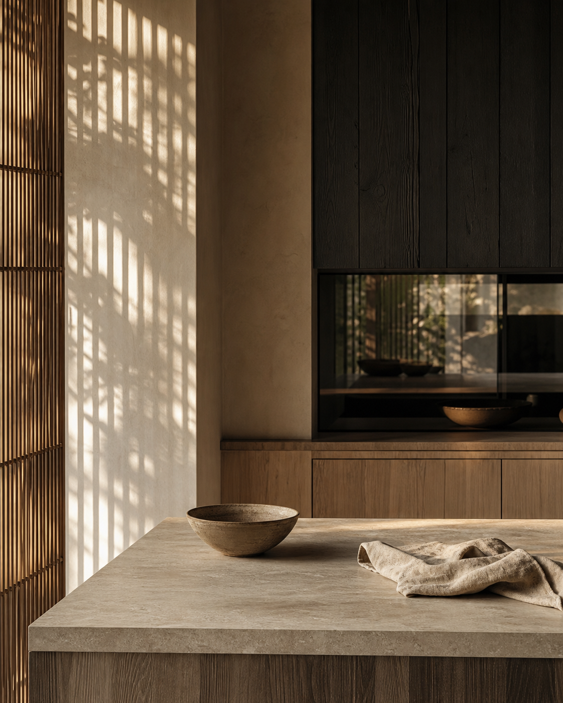 Kitchen material study with travertine, raw cypress, and dark glass reflection for appliance decisions.