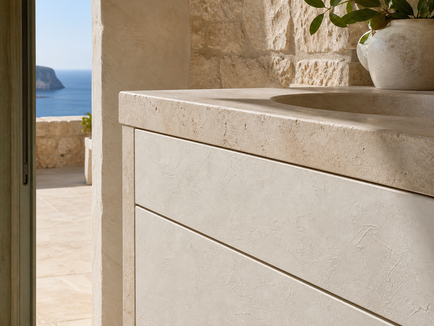 Fadior Solstice Bath and Vanity Suite with Travertine Halo Powder Console — close-up of stainless steel finish and hardware