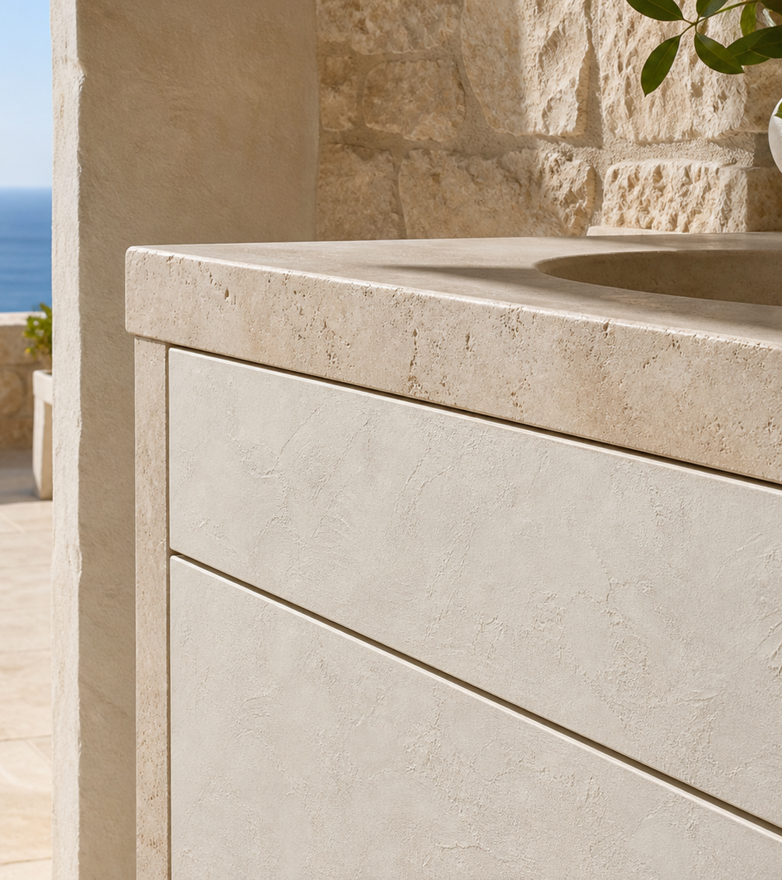 Fadior Solstice Bath and Vanity Suite with Travertine Halo Powder Console — close-up of stainless steel finish and hardware