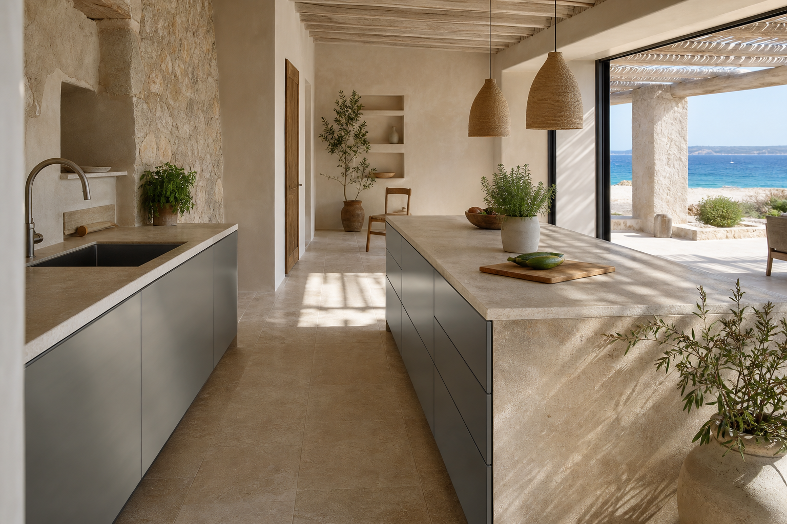 Fadior International 120 sqm Kitchen Apartment — Kitchen workspace with travertine counter, cabinet drawers, sink, plaster wall, teak shelf, and sunlit floor