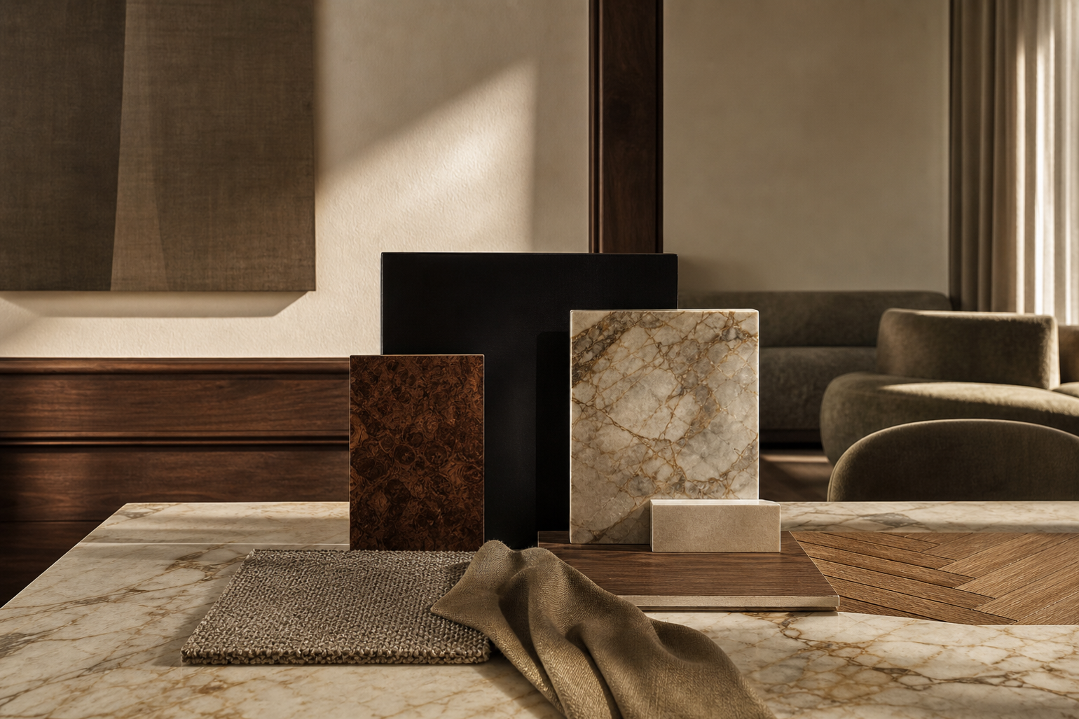 Kitchen material study with walnut panels, marble slab, khaki textile, and warm light for material truth.