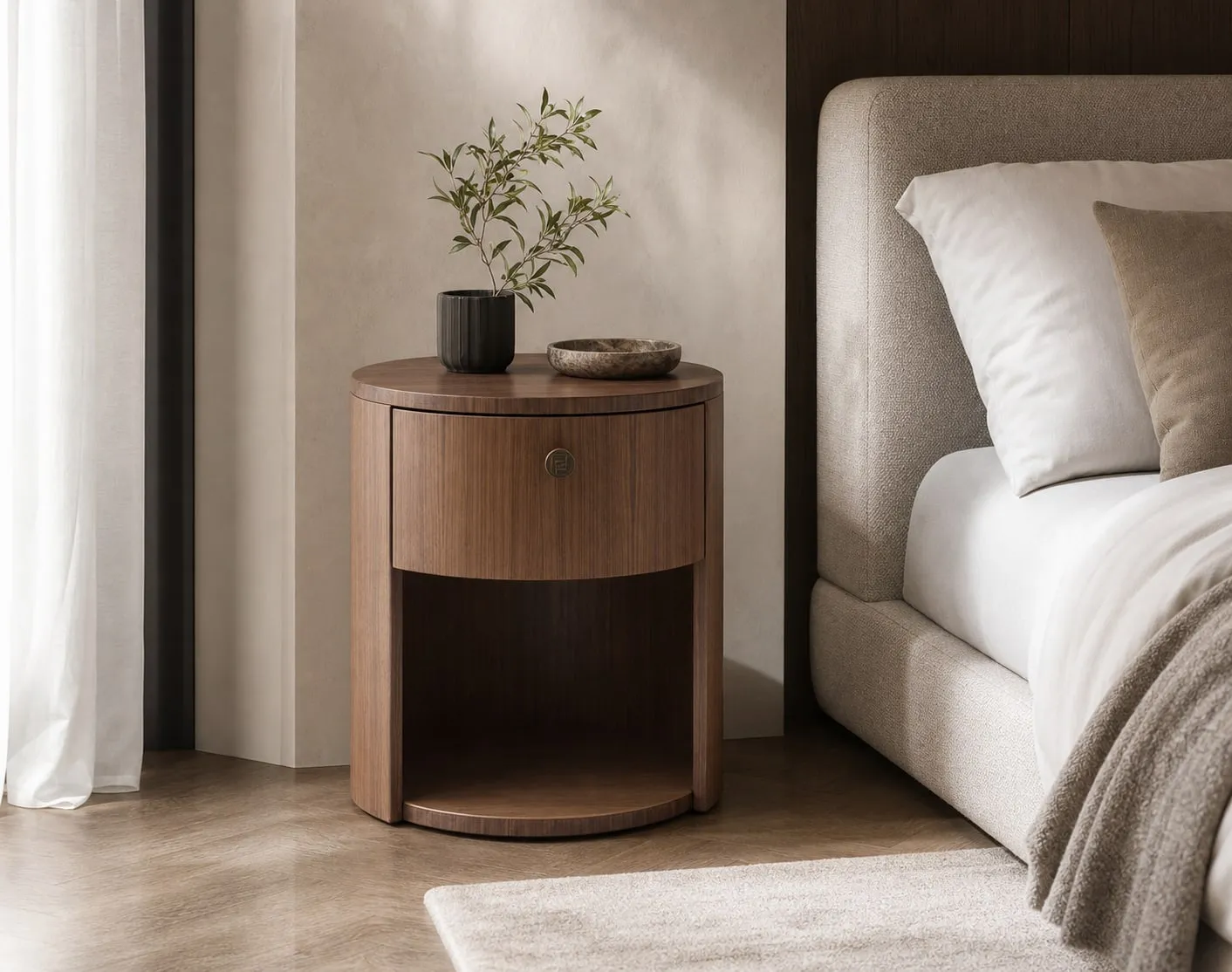 Round Walnut Nightstand