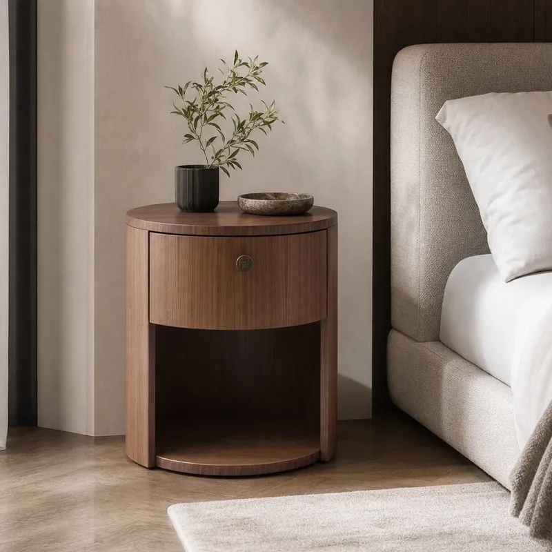 Round Walnut Nightstand
