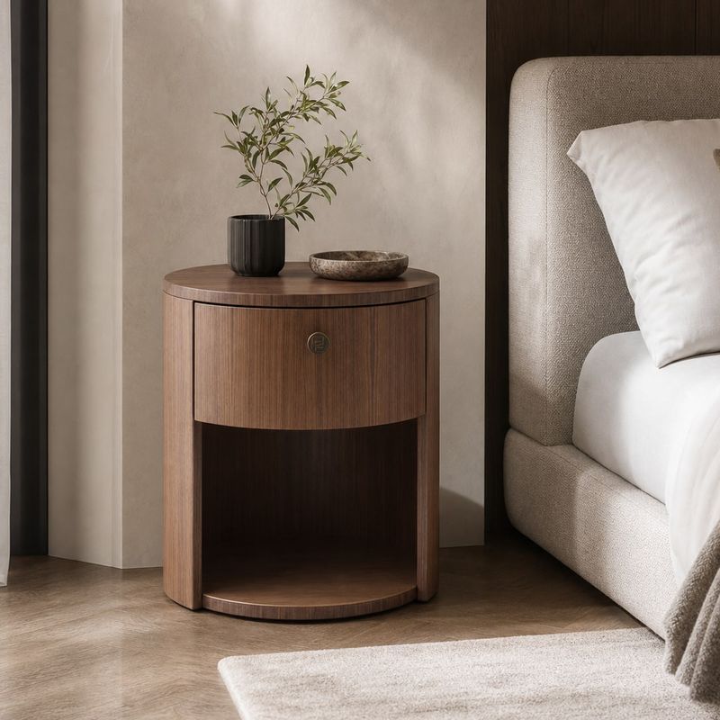 Walnut Nightstand styled in a FADIOR HOME interior setting