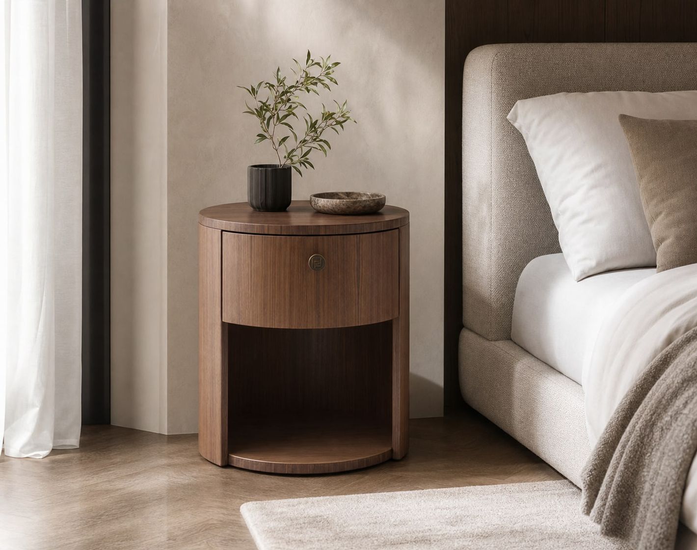 Walnut Nightstand styled in a FADIOR HOME interior setting