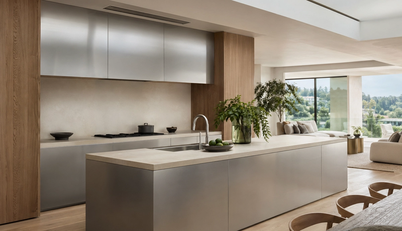 Hero atmosphere: an open-plan kitchen with brushed 304 stainless steel cabinetry, a quiet overhead ventilation presence, and calm residential balance.