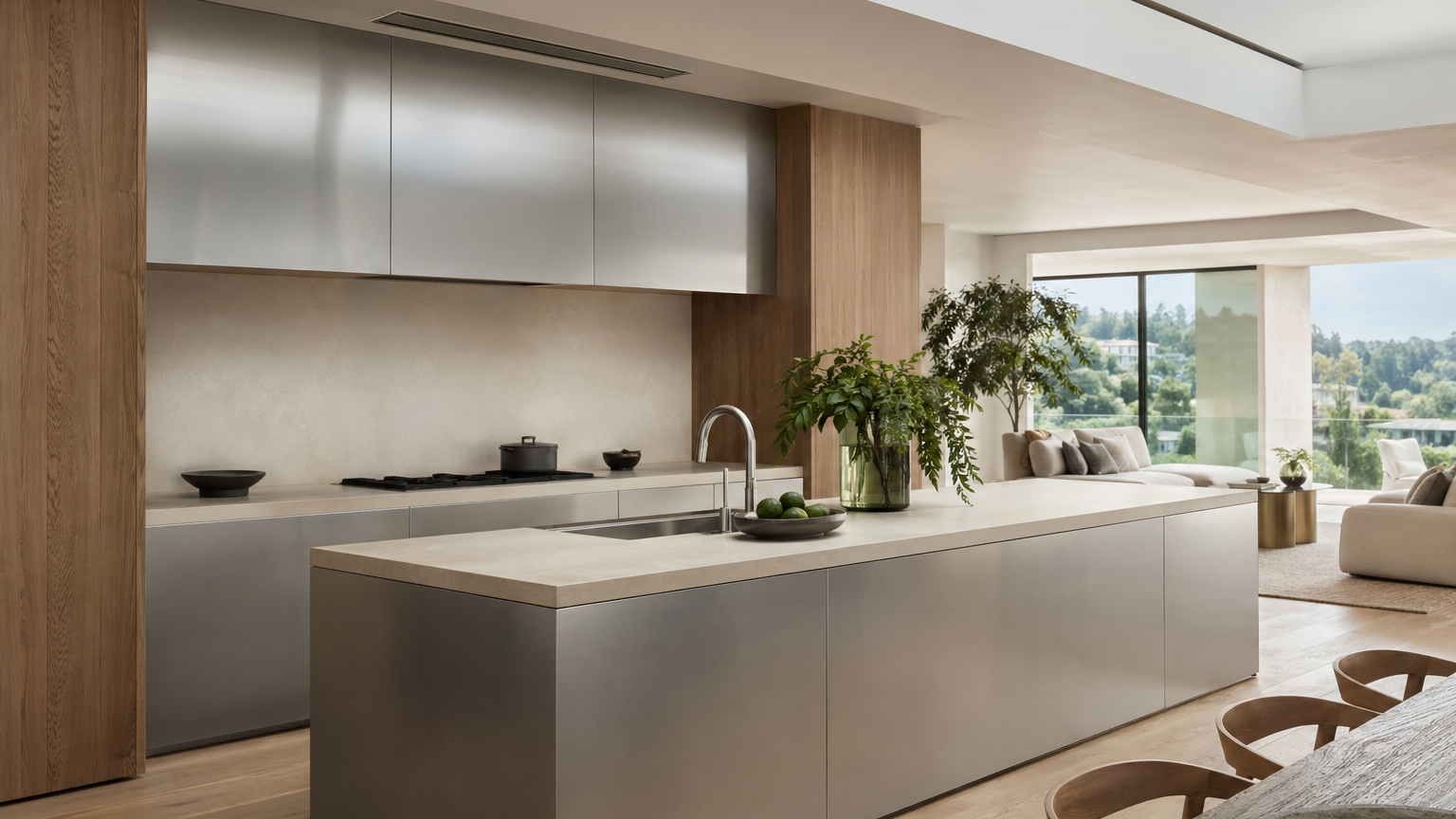 Hero atmosphere: an open-plan kitchen with brushed 304 stainless steel cabinetry, a quiet overhead ventilation presence, and calm residential balance.