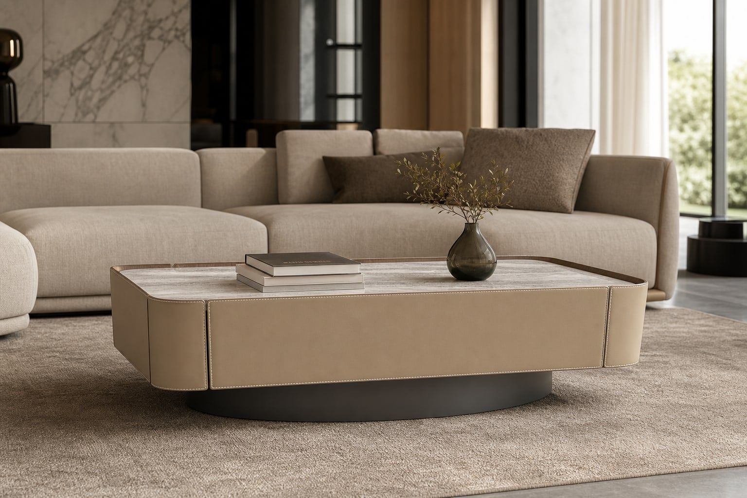 Stone-Top Coffee Table (Microfiber saddle leather) styled in a FADIOR HOME interior setting