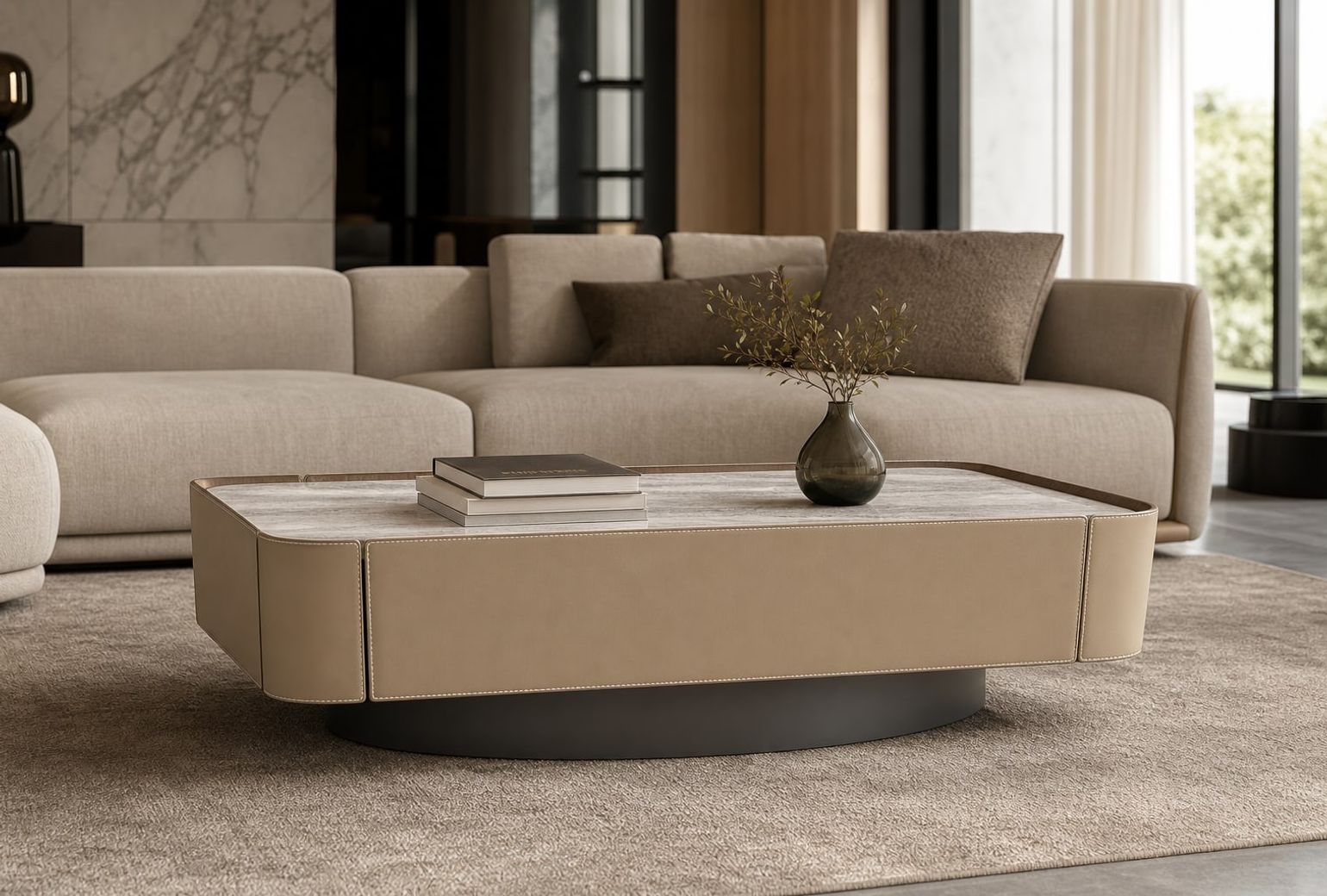 Stone-Top Coffee Table (Microfiber saddle leather) styled in a FADIOR HOME interior setting