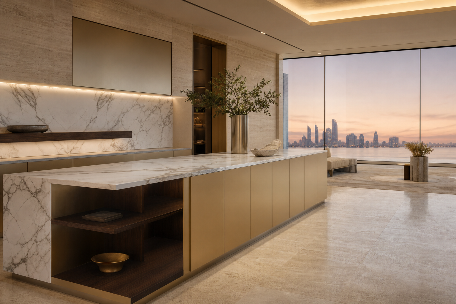 Fadior Abu Dhabi Garden Courtyard Villa — marble console, champagne panels, smoked walnut shelf, travertine floor,