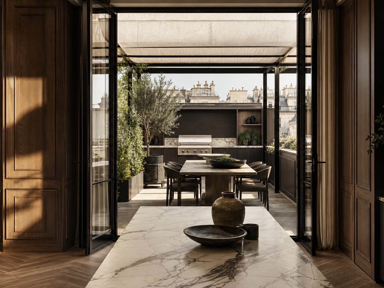 Wide Milan-style apartment terrace with shaded outdoor kitchen, dining table, walnut interior panels, and marble surfaces. — 304 stainless steel cabinetry editorial by Fadior