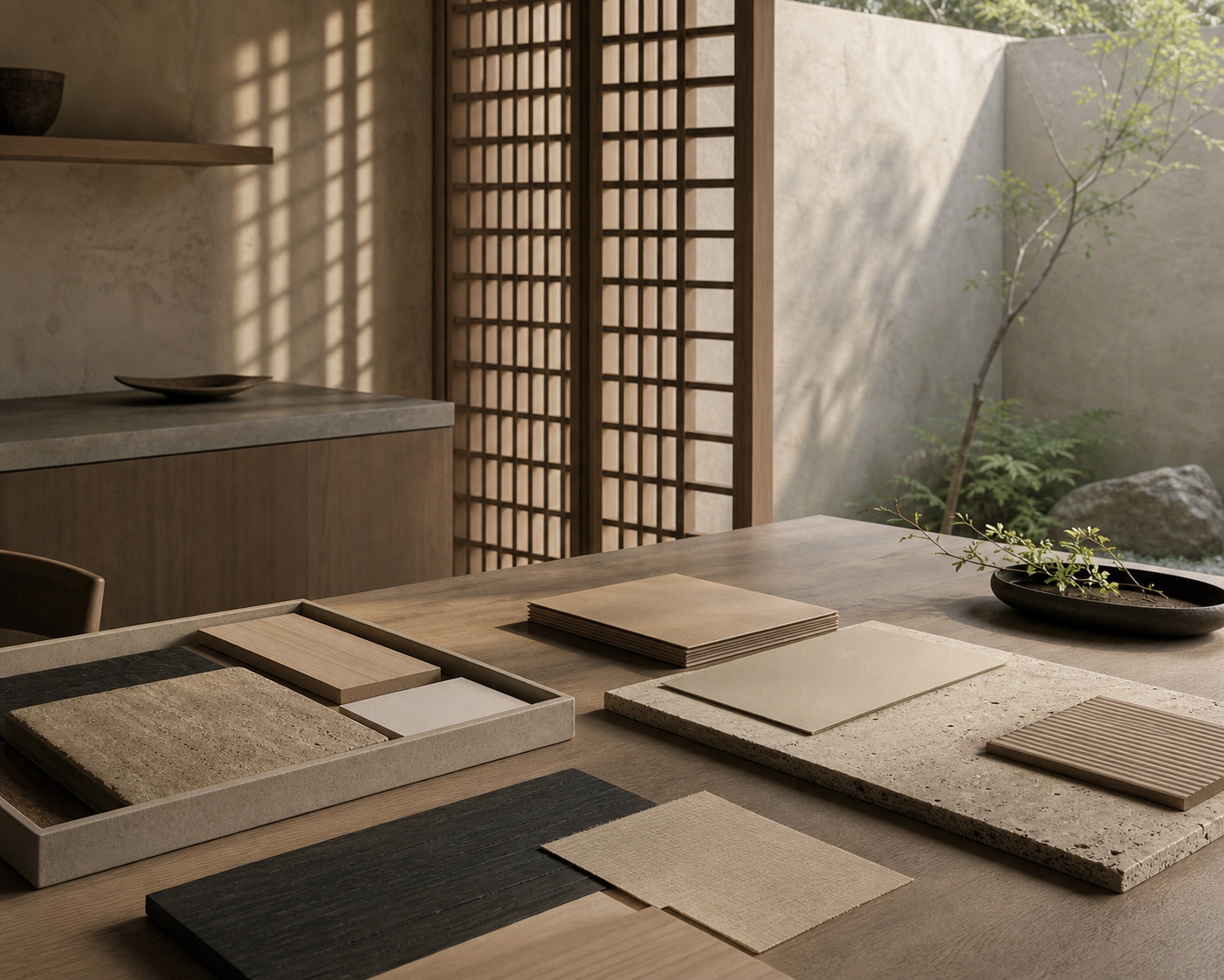 Material study: cypress, clay, rice-paper light, and blank samples for sourcing decisions.