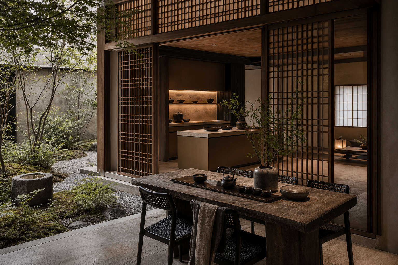 Fadior Shanghai Garden Courtyard Villa — Shanghai courtyard dining setup with timber table, woven chairs, wood lattice doors,