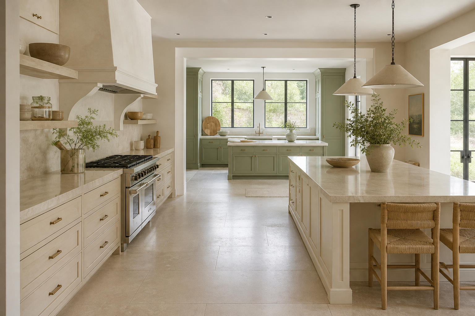 Two clear hospitality kitchen work zones with generous circulation and daylight between them.