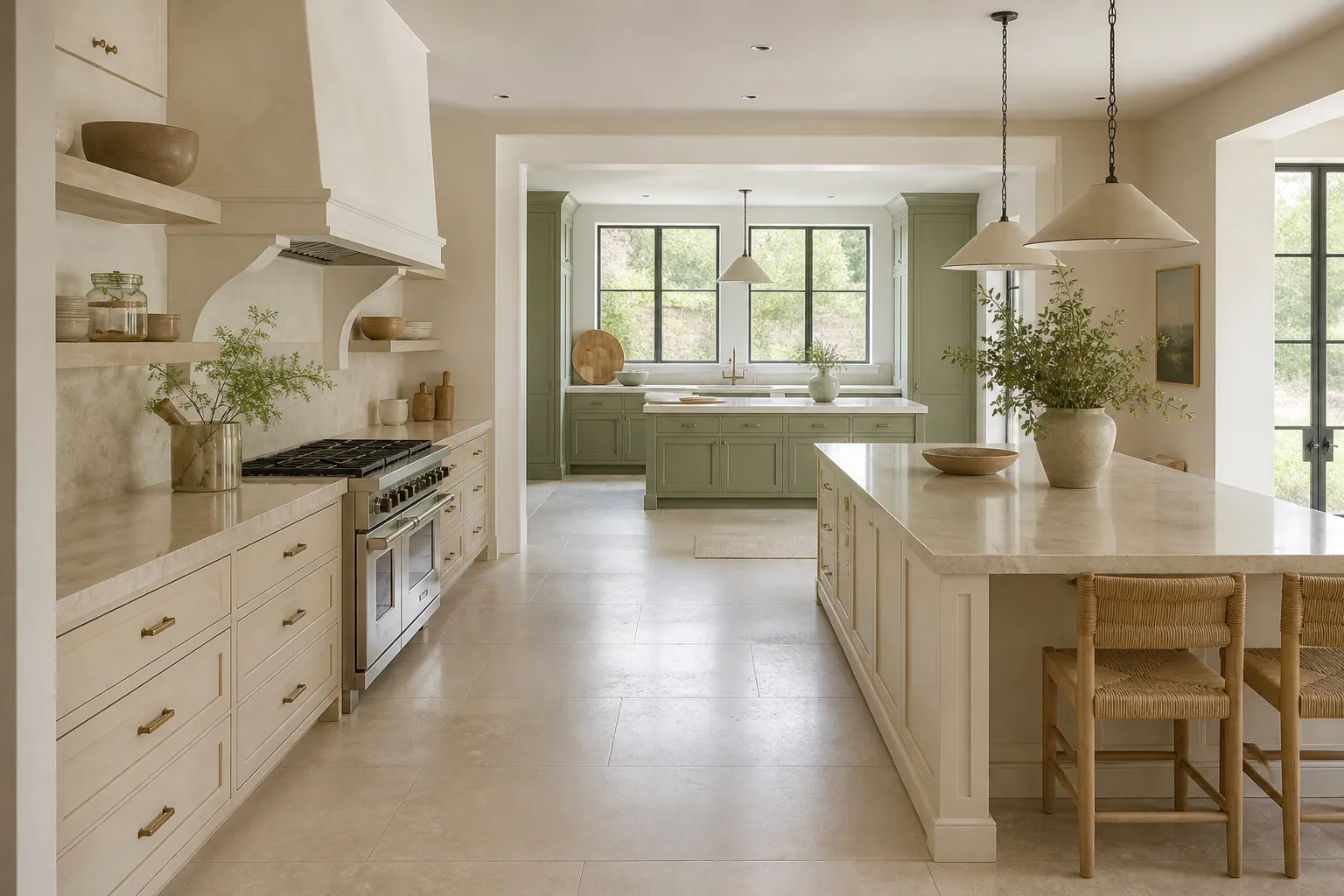 Two clear hospitality kitchen work zones with generous circulation and daylight between them.