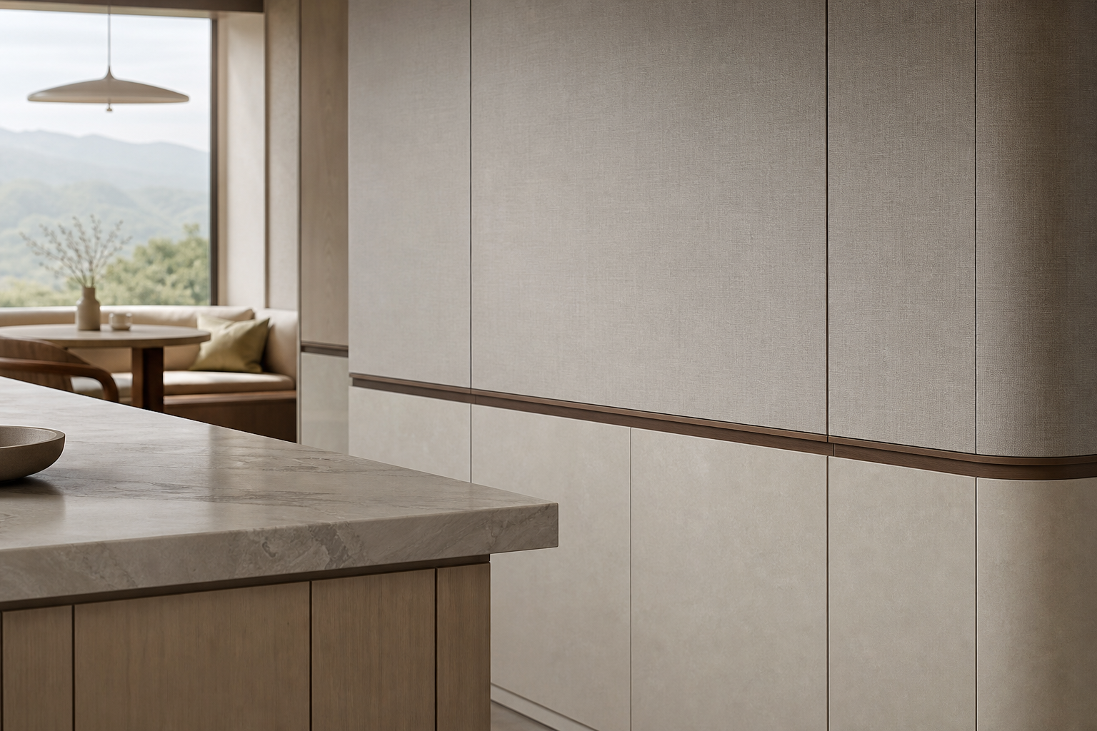 Fadior Terrazzo Wall Panel Suite with Linen Shadow Wainscot — close-up of stainless steel finish and hardware detail