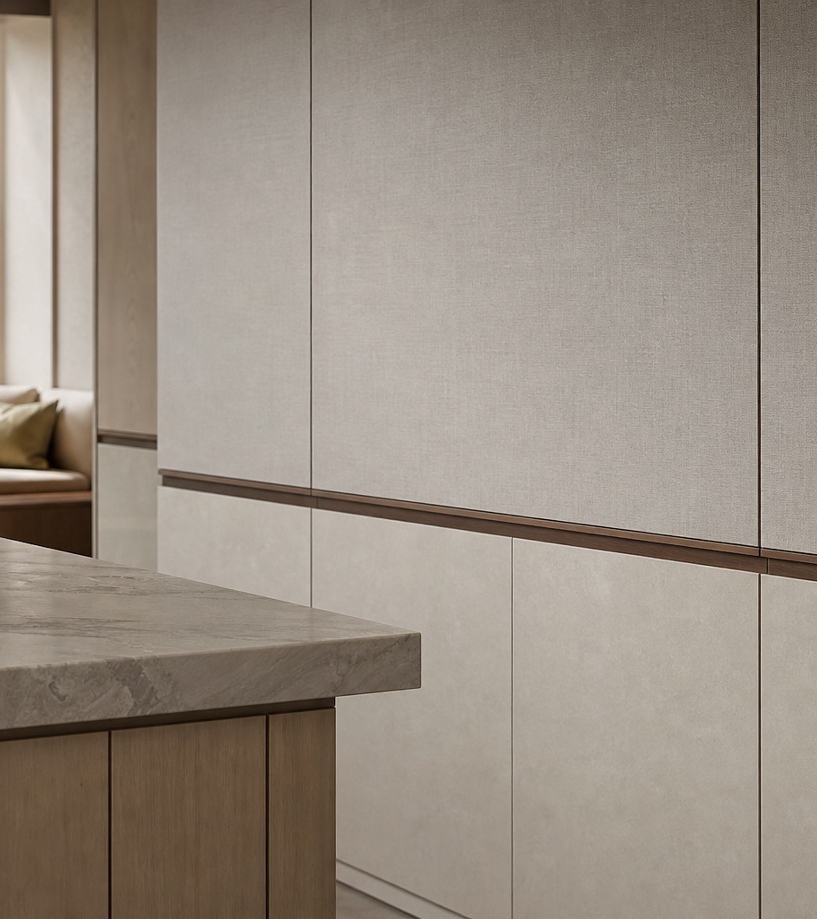 Fadior Terrazzo Wall Panel Suite with Linen Shadow Wainscot — close-up of stainless steel finish and hardware detail