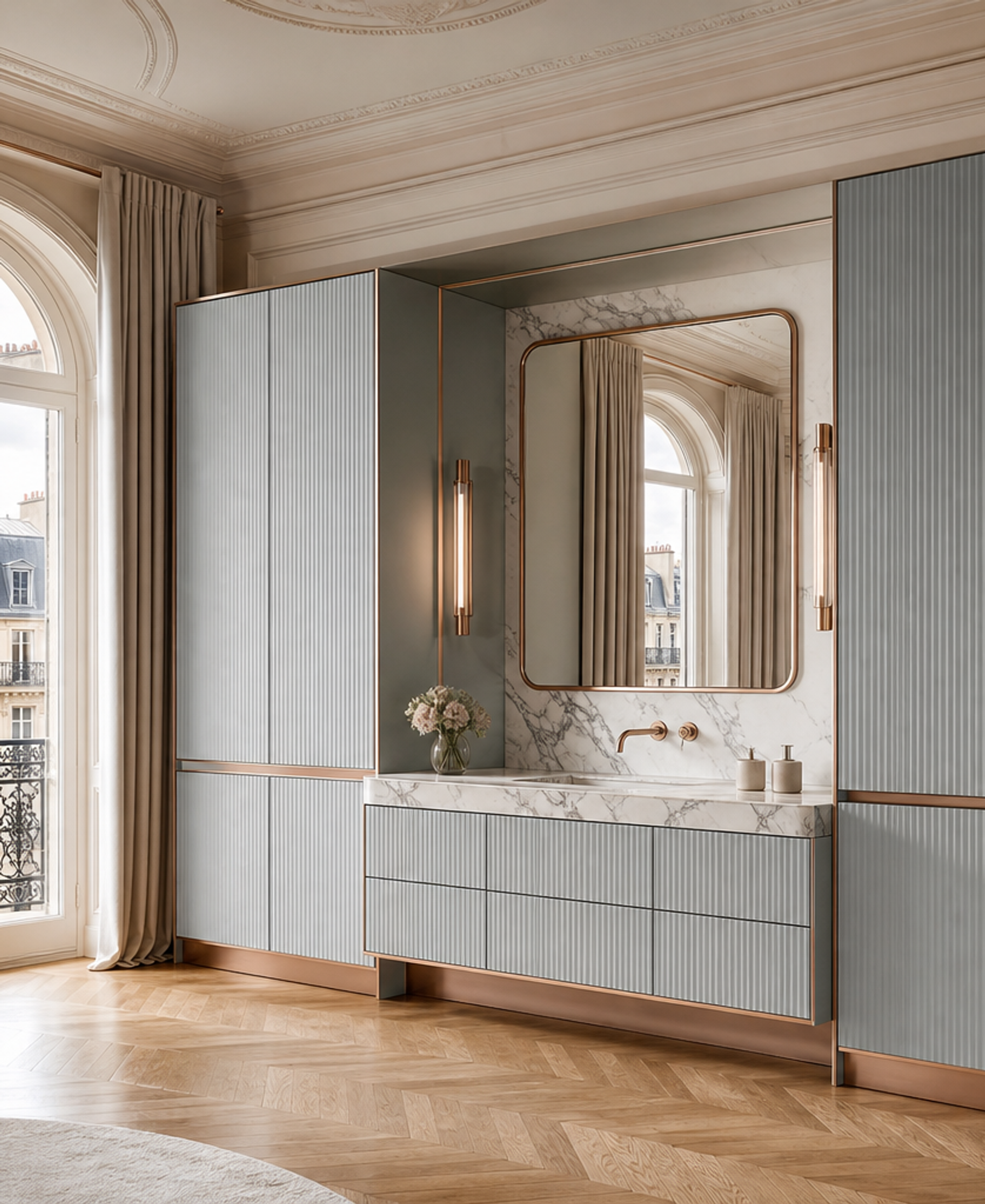 Fadior Nacre Bath and Vanity Suite with Moonlit Fluted Basin Wall — 304 stainless steel bath and vanity system, front view