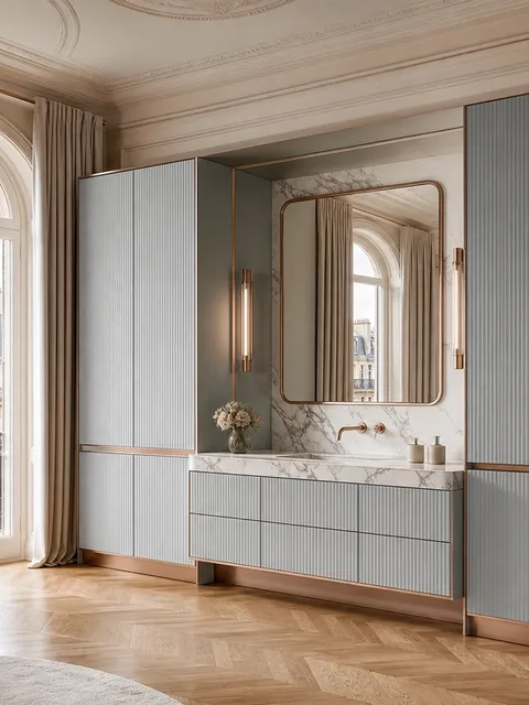 Suite de Baño y Tocador Nacre con Pared de Lavabo Estriada Bañada por la Luna