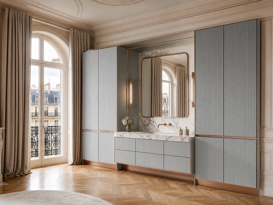 Fadior Nacre Bath and Vanity Suite with Moonlit Fluted Basin Wall — 304 stainless steel bath and vanity system, front view
