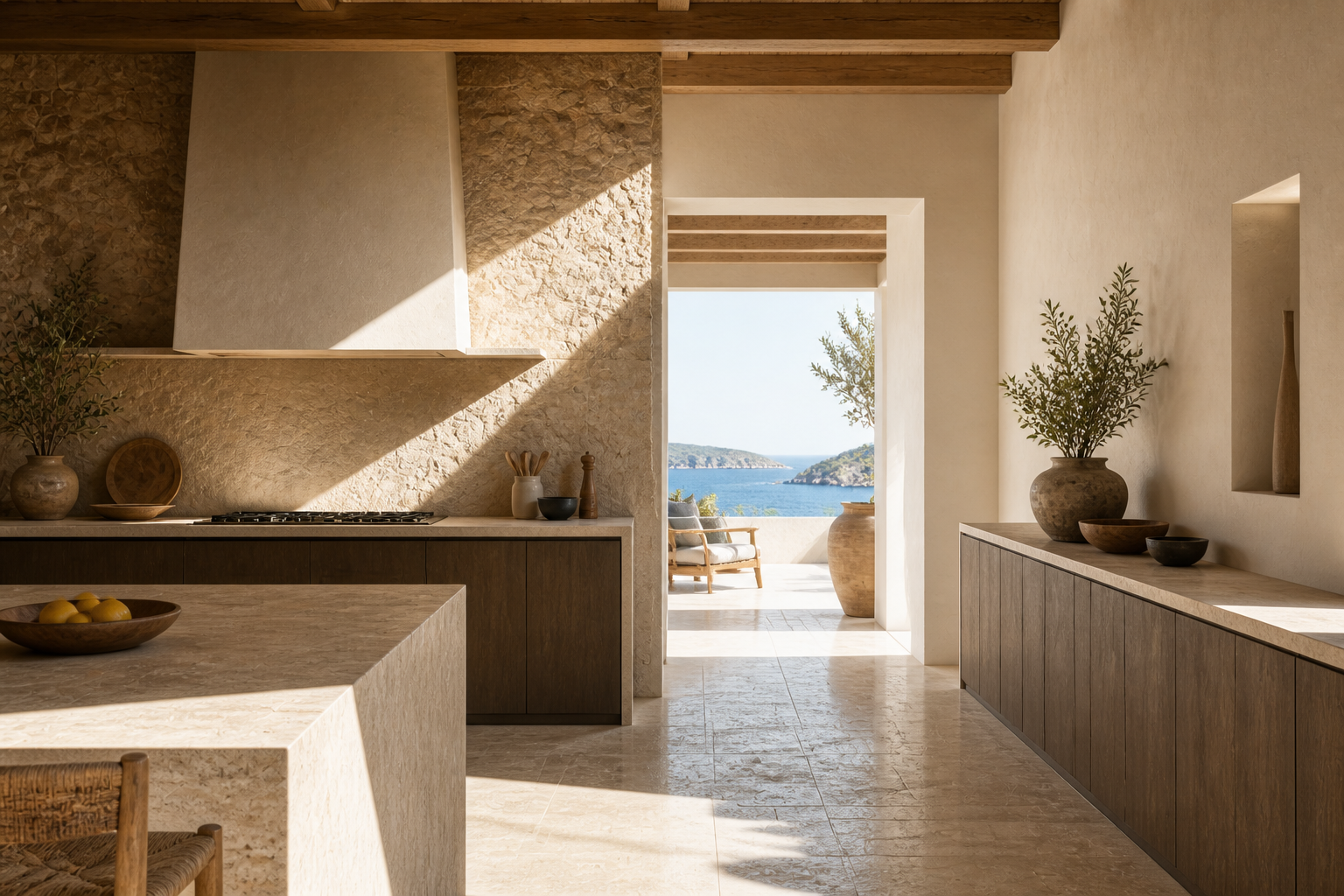 Decision comparison scene in a coastal kitchen with stone counters and oak warmth around a range wall.