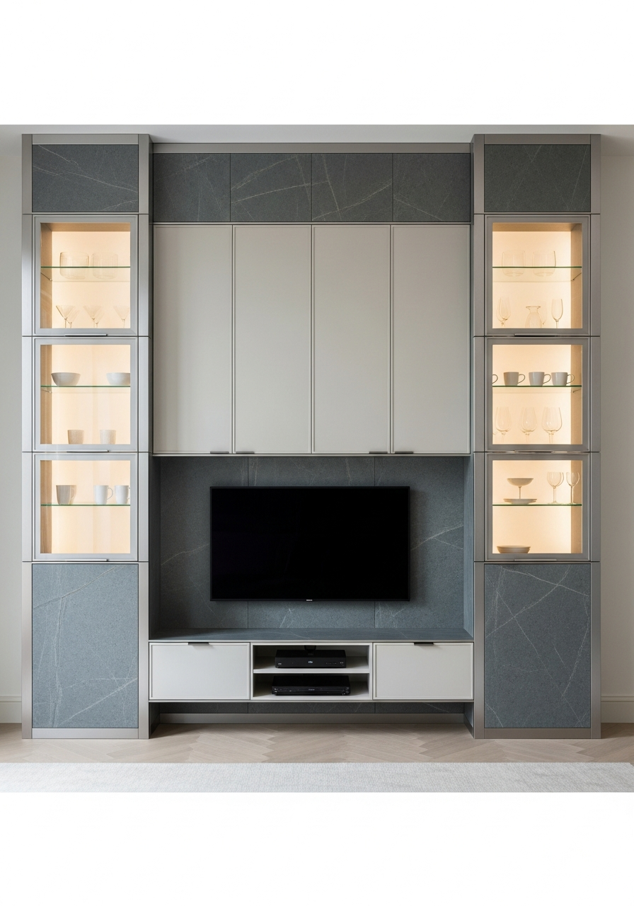 Fadior Essence Media Wall — interior room context showing cabinet integration