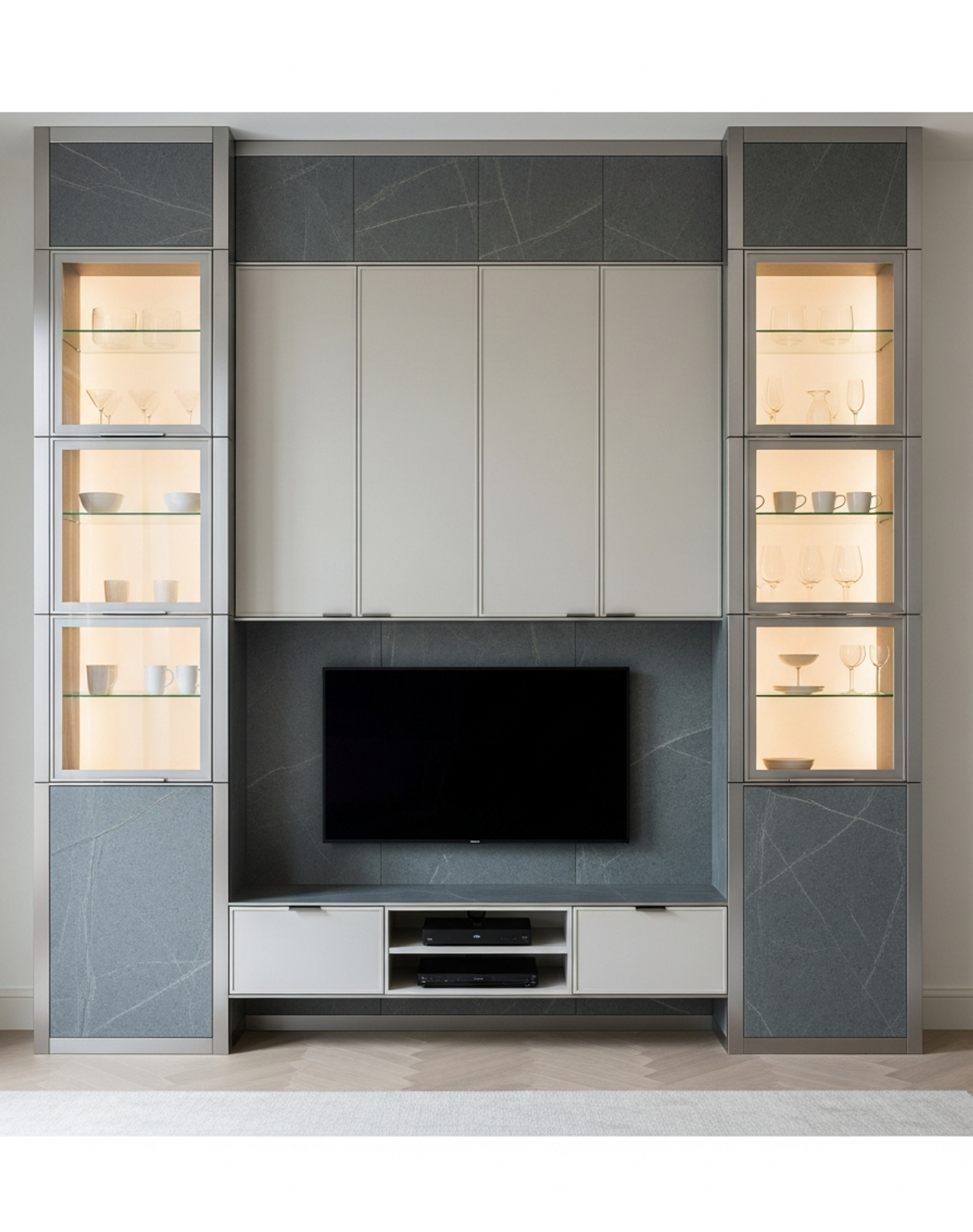 Fadior Essence Media Wall — interior room context showing cabinet integration