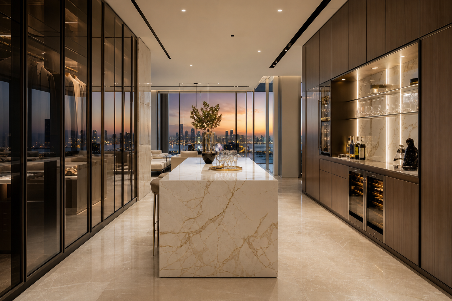 Fadior Abu Dhabi Skyline Penthouse — wardrobe glass, wine bar, marble island, city window