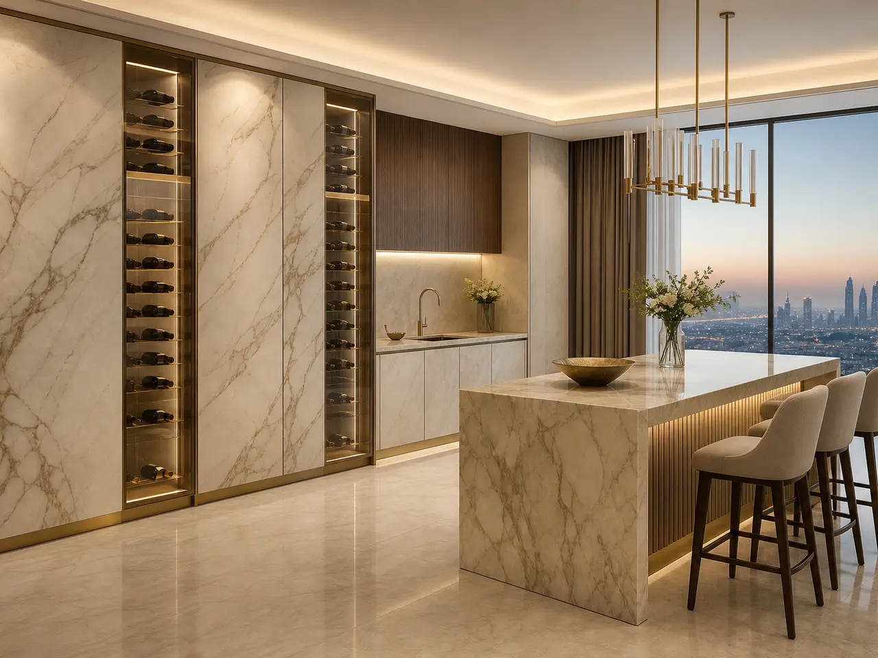Fadior Estuary Wine Cabinet Suite with Bridge Rinse Pantry Wall - built-in stainless steel wine cabinet with bottle display, glass-front storage, lighting, and closed reserve storage