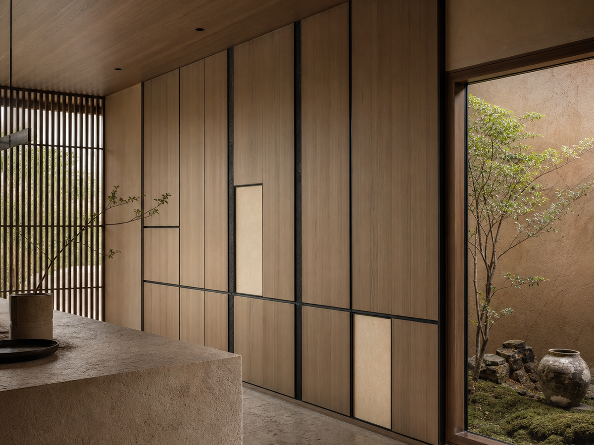 Fadior Terrazzo Wall Panel Suite with Frameless Gallery Datum Wall — 304 stainless steel wall panel system, front view