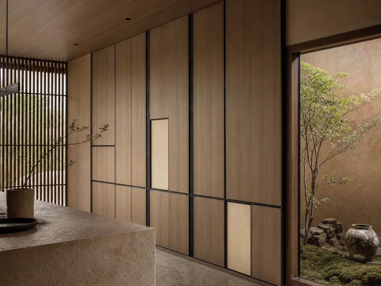 Fadior Terrazzo Wall Panel Suite with Frameless Gallery Datum Wall - 304 stainless steel wall panel system with textured surfaces, shadow reveals, integrated lighting, and concealed doors