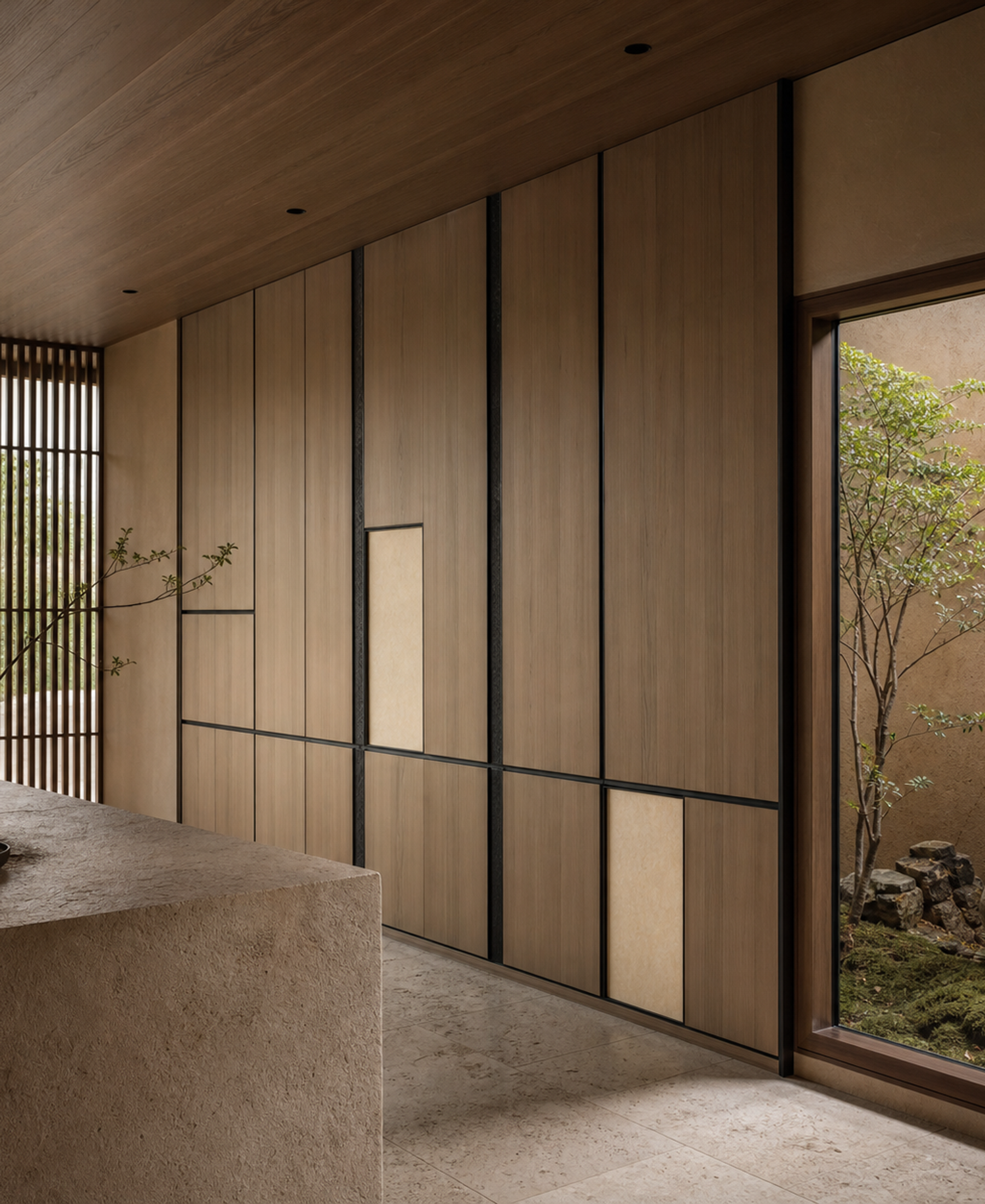 Fadior Terrazzo Wall Panel Suite with Frameless Gallery Datum Wall — 304 stainless steel wall panel system, front view