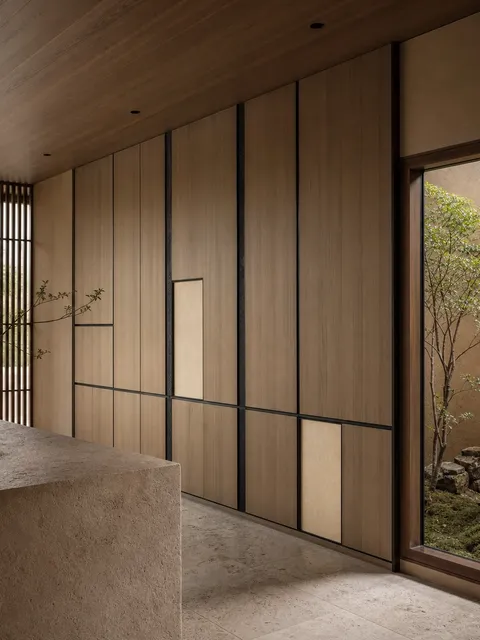 Fadior Terrazzo Wall Panel Suite with Frameless Gallery Datum Wall — 304 stainless steel wall panel system, front view