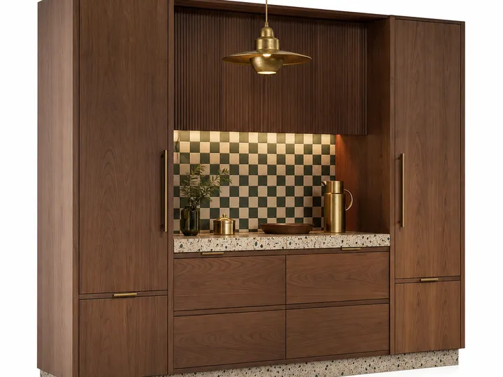 Fadior Meridian Kitchen Suite with Walnut Terrazzo Prep Bay — 304 stainless steel kitchen system, front view