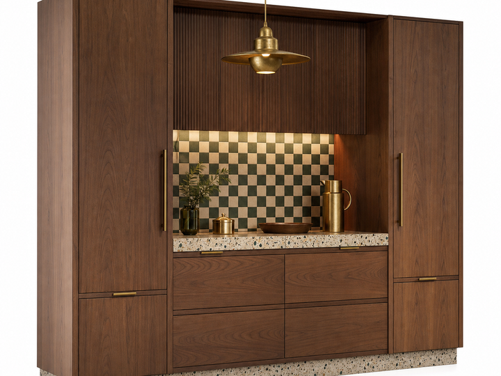 Fadior Meridian Kitchen Suite with Walnut Terrazzo Prep Bay — 304 stainless steel kitchen system, front view