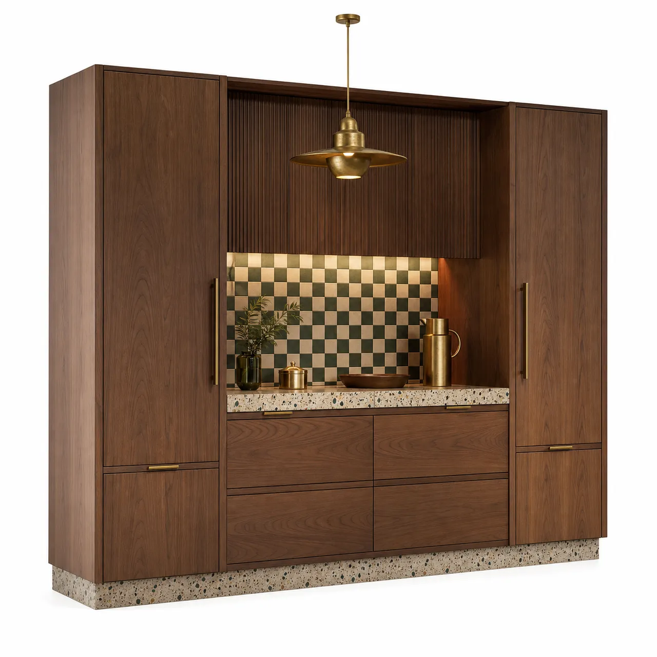 Fadior Meridian Kitchen Suite with Walnut Terrazzo Prep Bay — 304 stainless steel kitchen system, front view