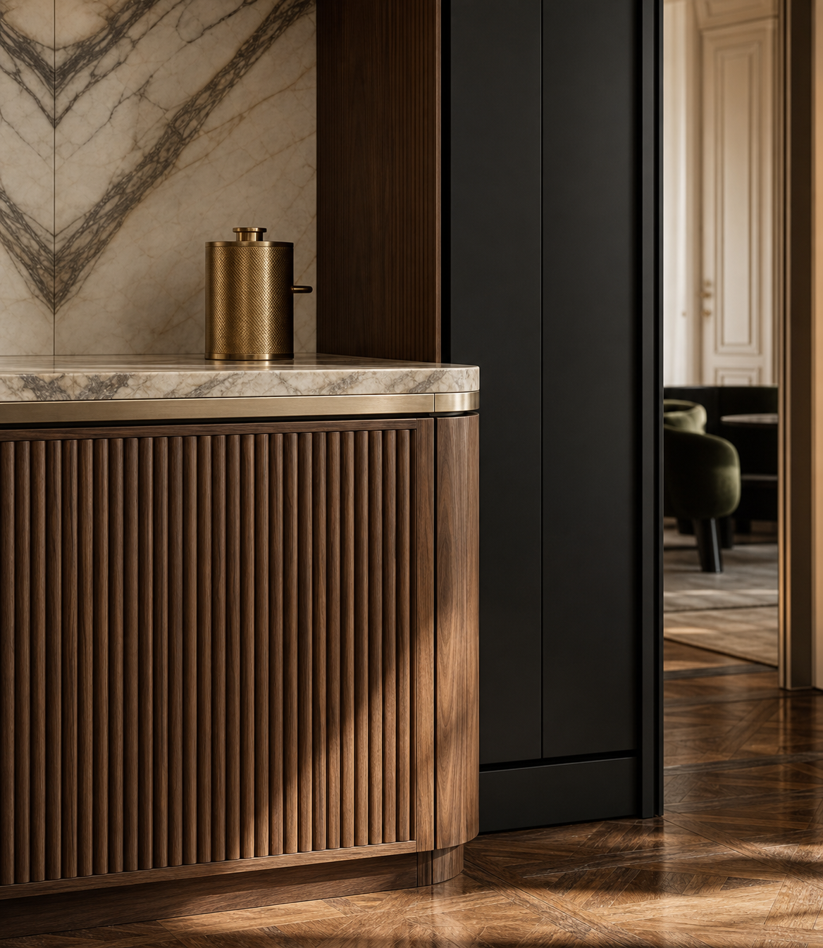 Fadior Silkstone Kitchen Suite with Tambour Tea Pantry Bay — close-up of stainless steel finish and hardware detail
