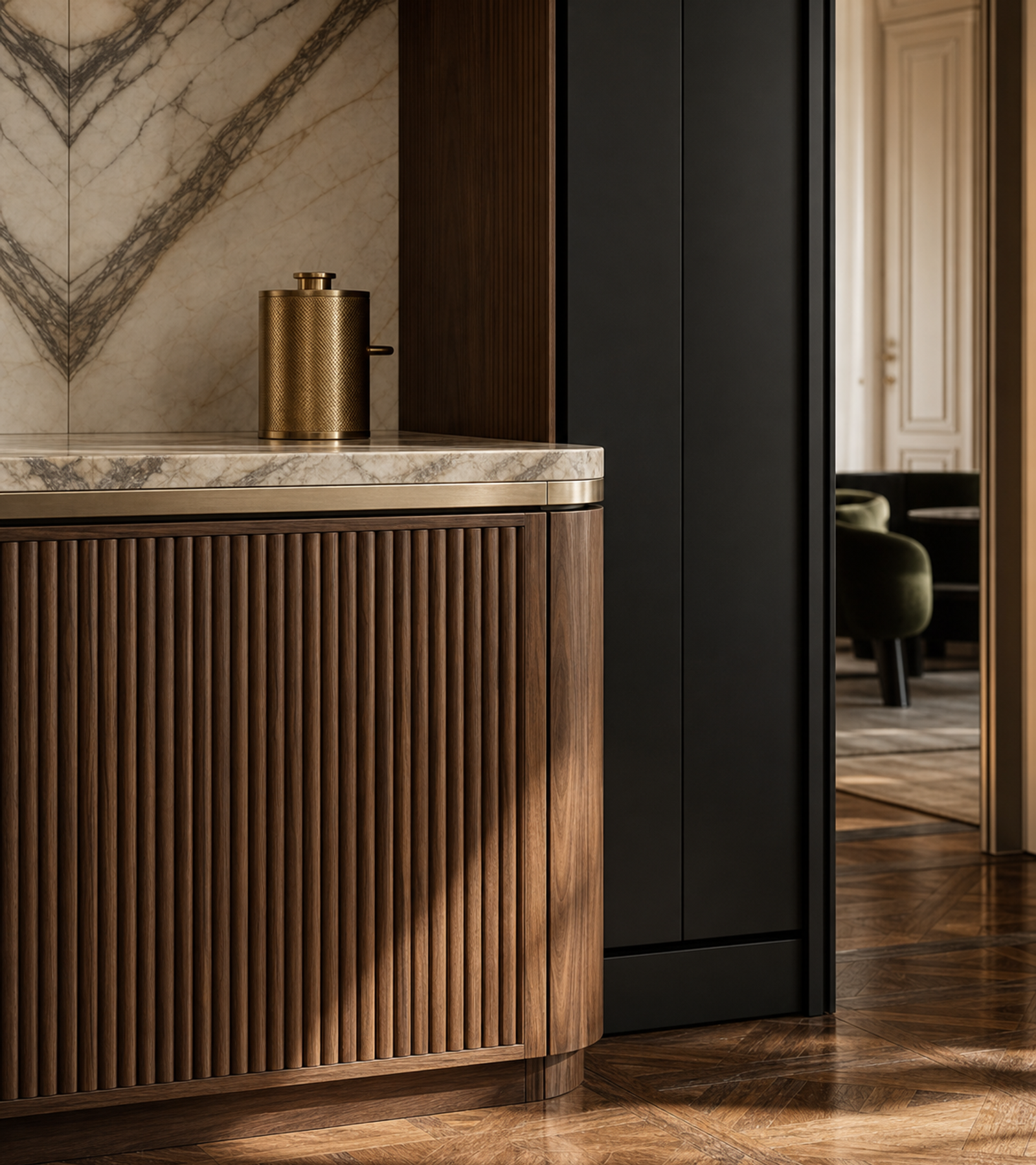 Fadior Silkstone Kitchen Suite with Tambour Tea Pantry Bay — close-up of stainless steel finish and hardware detail