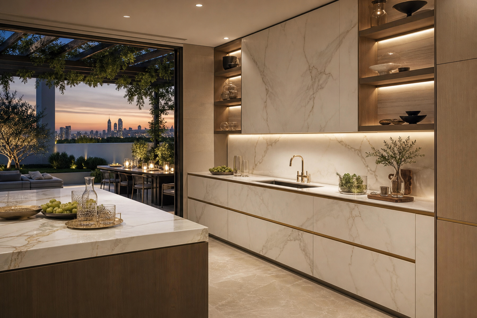 Fadior Riviera Kitchen Suite with Pergola Garden Sink Wall — lifestyle setting with natural light and residential styling