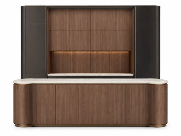 Fadior Meridian Kitchen Suite with Servery Window Island Arcade — 304 stainless steel kitchen system, front view