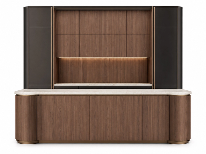 Fadior Meridian Kitchen Suite with Servery Window Island Arcade — 304 stainless steel kitchen system, front view